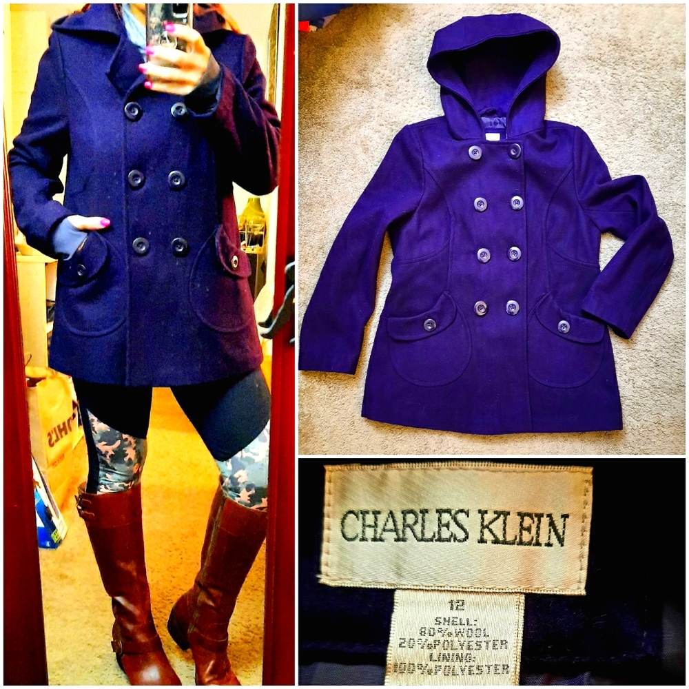 Purple blue wool large medium peacoat jacket 12
